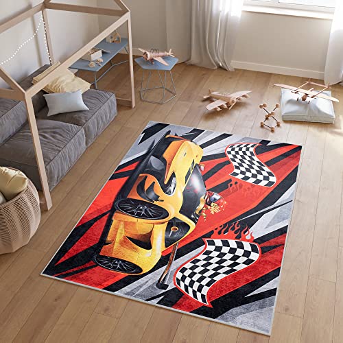 TAPISO Emma Teppich Waschbar bei 30 Grad Schwarz Rot Rennauto bedruckter Kinderteppich Antirutsch Kinderzimmer Jugendzimmer Modern ÖKO-TEX 80 x 150 cm von TAPISO