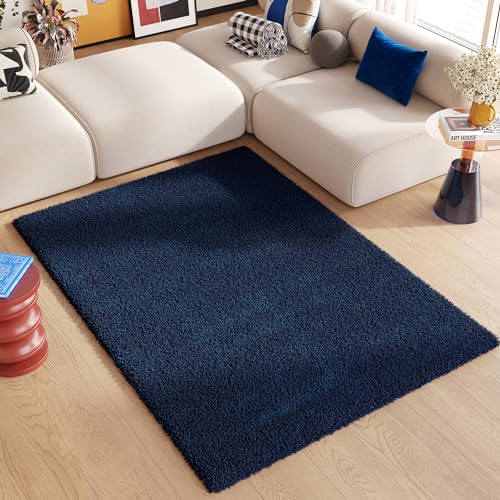 TAPISO Essence Teppich Hochflor Langflor Shaggy Dunkelblau Rechteckig Super Weich Felloptik Schlafzimmer Wohnzimmer ÖKO-TEX 160 x 220 cm von TAPISO