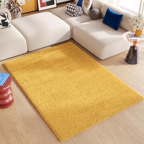 TAPISO Essence Teppich Hochflor Langflor Shaggy Gelb Senfgelb Rechteckig Super Weich Felloptik Schlafzimmer Wohnzimmer ÖKO-TEX 140 x 200 cm von TAPISO