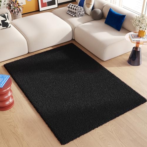 TAPISO Essence Teppich Hochflor Langflor Shaggy Schwarz Rechteckig Super Weich Felloptik Schlafzimmer Wohnzimmer ÖKO-TEX 160 x 220 cm von TAPISO