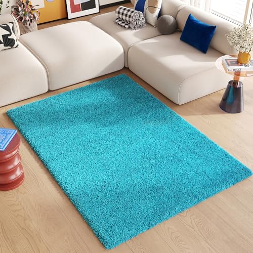 TAPISO Essence Teppich Hochflor Langflor Shaggy Türkis Einfarbig Rechteckig Super Weich Felloptik Schlafzimmer Wohnzimmer ÖKO-TEX 140 x 200 cm von TAPISO