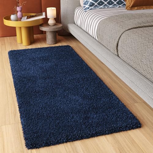 TAPISO Essence Teppich Läufer Flur Brücke Shaggy Hochflor Langflor Dunkelblau Blau Einfarbig Weich Modern Design Korridor Schlafzimmer ÖKOTEX 80 x 300 cm von TAPISO