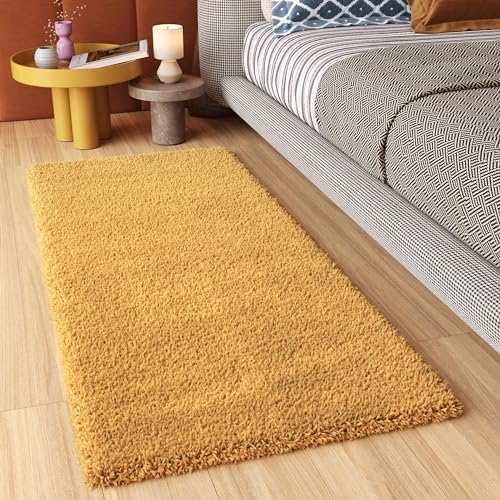 TAPISO Essence Teppich Läufer Flur Brücke Shaggy Hochflor Langflor Senfgelb Gelb Einfarbig Weich Modern Design Korridor Schlafzimmer ÖKOTEX 70 x 400 cm von TAPISO