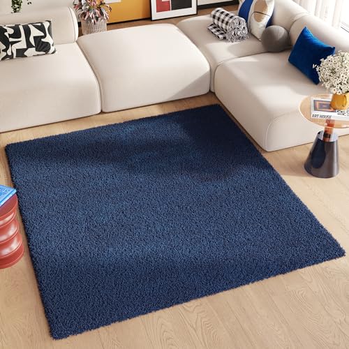 TAPISO Essence Teppich Quadratisch Shaggy Hochflor Langflor Dunkelblau Blau Einfarbig Weich Modern Design Wohnzimmer Schlafzimmer ÖKOTEX 120 x 120 cm von TAPISO
