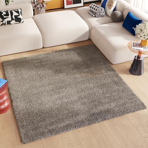 TAPISO Essence Teppich Quadratisch Shaggy Hochflor Langflor Grau Einfarbig Weich Modern Design Wohnzimmer Schlafzimmer ÖKOTEX 120 x 120 cm von TAPISO