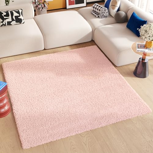 Essence Teppich Quadratisch Shaggy Hochflor Langflor Rosa Einfarbig Weich Modern Design Wohnzimmer Schlafzimmer ÖKOTEX 160 x 160 cm von TAPISO