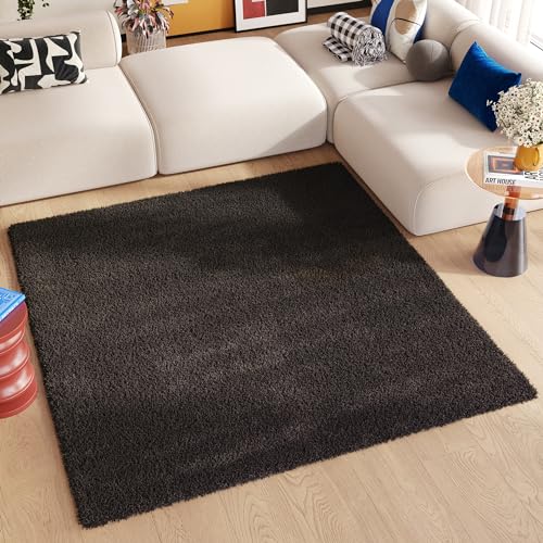 TAPISO Essence Teppich Quadratisch Shaggy Hochflor Langflor Schwarz Einfarbig Weich Modern Design Wohnzimmer Schlafzimmer ÖKOTEX 200 x 200 cm von TAPISO