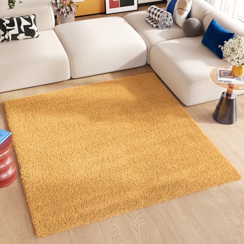 TAPISO Essence Teppich Quadratisch Shaggy Hochflor Langflor Senfgelb Gelb Einfarbig Weich Modern Design Wohnzimmer Schlafzimmer ÖKOTEX 120 x 120 cm von TAPISO