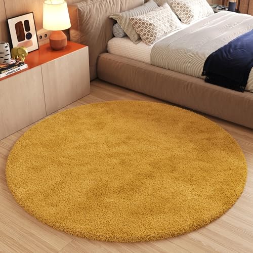 TAPISO Essence Teppich Rund Gelb Senffarbe Hochflor Langflor Shaggy Einfarbig Weich Flauschig Schlafzimmer Wohnzimmer Kinderzimmer ÖKO-TEX 240 x 240 cm von TAPISO