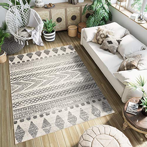 TAPISO Ethno Teppich Kurzflor Modern Karo Zig Zag Streifen Design Grau Creme Meliert Wohnzimmer Schlafzimmer ÖKOTEX 80 x 150 cm von TAPISO