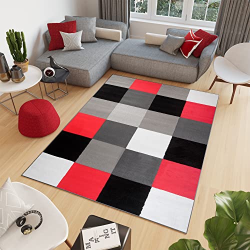 TAPISO Fire Teppich Wohnzimmer Modern Grau Weiß Schwarz Rot Karo Kurzflor Kariert Flauschig Pflegeleicht Schlafzimmer Esszimmer ÖKOTEX 80 x 150 cm von TAPISO