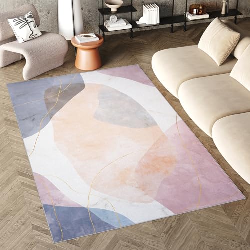 TAPISO Flannel Teppich Kurzflor Creme Blau Gelb Rosa Mehrfarbig Waschbar rutschfest Modern Abstrakt Design Wohnzimmer Schlafzimmer ÖKOTEX 140 x 200 cm von TAPISO