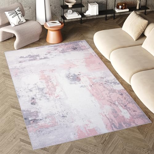 TAPISO Flannel Teppich Kurzflor Creme Rosa Mehrfarbig Waschbar rutschfest Modern Abstrakt Verwischt Design Wohnzimmer Schlafzimmer ÖKOTEX 160 x 230 cm von TAPISO