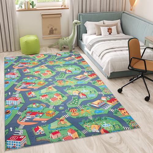 TAPISO Flannel Teppich rutschfest Bunt Grün Grau Kurzflor Waschbar Stadt Straßenteppich Kinderteppich Kinderzimmer Spielteppich ÖKOTEX 120 x 170 cm von TAPISO