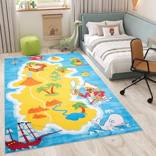 TAPISO Flannel Teppich rutschfest Gelb Blau Bunt Kurzflor Anti Rutsch Waschbar Pirateninsel Kinderteppich Kinderzimmer Spielteppich ÖKOTEX 140 x 200 cm von TAPISO