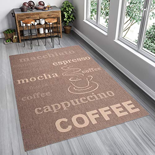 TAPISO Floorlux Teppich Küchenteppich Kurzflor Sisal Optik Flachgewebe Braun Beige Schrift Coffee Buchstaben Modern Design Wohnzimmer Küche Flur 200 x 290 cm von TAPISO