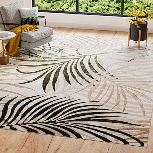 TAPISO Golden Teppich Kurzflor Wohnzimmer Schlafzimmer Luxuriös Creme Beige Grün Blätter Meliert Verwischt Modern Design ÖKOTEX 160 x 230 cm von TAPISO