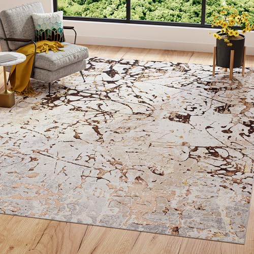 TAPISO Golden Teppich Kurzflor Wohnzimmer Schlafzimmer Luxuriös Creme Braun Abstrakt Holzmuster Meliert Verwischt Modern Design ÖKOTEX 200 x 300 cm von TAPISO