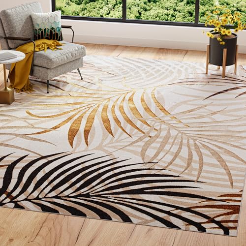 TAPISO Golden Teppich Kurzflor Wohnzimmer Schlafzimmer Luxuriös Creme Braun Gold Blätter Meliert Verwischt Modern Design ÖKOTEX 140 x 200 cm von TAPISO
