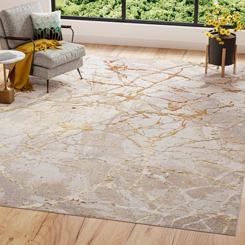 TAPISO Golden Teppich Kurzflor Wohnzimmer Schlafzimmer Luxuriös Creme Gold Abstrakt Linien Meliert Verwischt Modern Design ÖKOTEX 120 x 170 cm von TAPISO