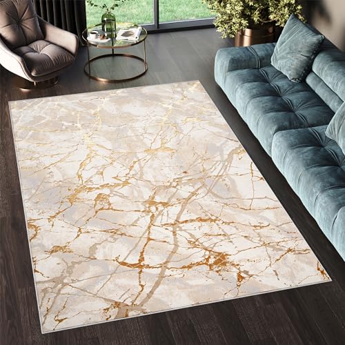 TAPISO Golden Teppich Kurzflor Wohnzimmer Schlafzimmer Luxuriös Creme Gold Abstrakt Linien Meliert Verwischt Modern Design ÖKOTEX 80 x 150 cm von TAPISO