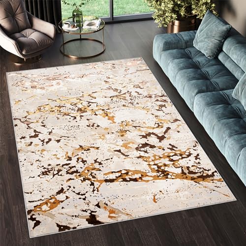 TAPISO Golden Teppich Kurzflor Wohnzimmer Schlafzimmer Luxuriös Creme Gold Abstrakt Marmor Meliert Verwischt Modern Design ÖKOTEX 80 x 150 cm von TAPISO