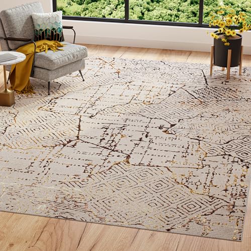 TAPISO Golden Teppich Kurzflor Wohnzimmer Schlafzimmer Luxuriös Creme Gold Abstrakt Patchwork Meliert Verwischt Modern Design ÖKOTEX 140 x 200 cm von TAPISO