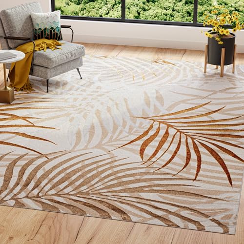 TAPISO Golden Teppich Kurzflor Wohnzimmer Schlafzimmer Luxuriös Creme Gold Beige Blätter Meliert Verwischt Modern Design ÖKOTEX 120 x 170 cm von TAPISO