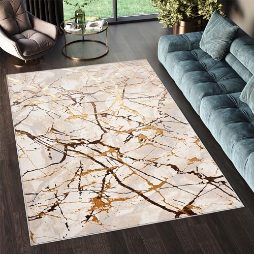 TAPISO Golden Teppich Kurzflor Wohnzimmer Schlafzimmer Luxuriös Creme Gold Braun Linien Abstrakt Meliert Verwischt Modern Design ÖKOTEX 120 x 170 cm von TAPISO