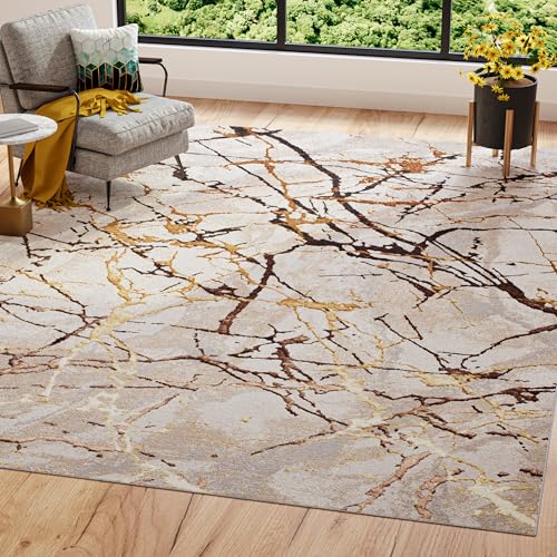 TAPISO Golden Teppich Kurzflor Wohnzimmer Schlafzimmer Luxuriös Creme Gold Braun Linien Abstrakt Meliert Verwischt Modern Design ÖKOTEX 160 x 230 cm von TAPISO