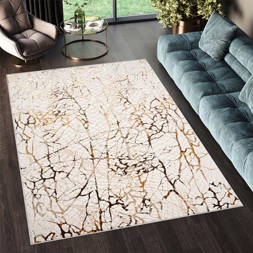 TAPISO Golden Teppich Kurzflor Wohnzimmer Schlafzimmer Luxuriös Creme Gold Braun Schlangenleder Meliert Verwischt Modern Design ÖKOTEX 80 x 150 cm von TAPISO