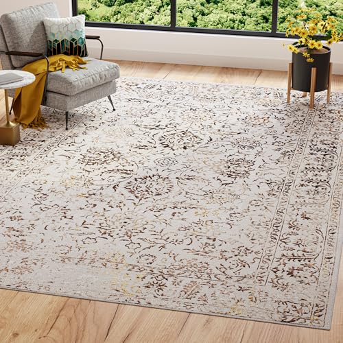 TAPISO Golden Teppich Kurzflor Wohnzimmer Schlafzimmer Luxuriös Creme Gold Braun Vintage Rahmen Blumen Meliert Verwischt Modern Design ÖKOTEX 160 x 230 cm von TAPISO