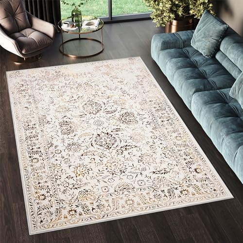 TAPISO Golden Teppich Kurzflor Wohnzimmer Schlafzimmer Luxuriös Creme Gold Braun Vintage Rahmen Blumen Meliert Verwischt Modern Design ÖKOTEX 80 x 150 cm von TAPISO