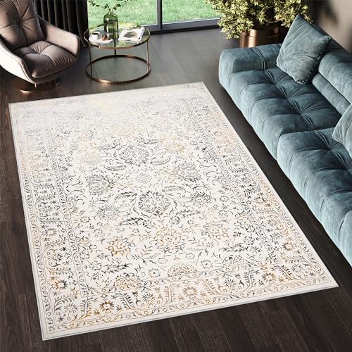 TAPISO Golden Teppich Kurzflor Wohnzimmer Schlafzimmer Luxuriös Creme Gold Grau Vintage Rahmen Blumen Meliert Verwischt Modern Design ÖKOTEX 160 x 230 cm von TAPISO