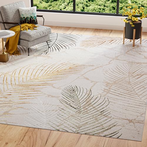 TAPISO Golden Teppich Kurzflor Wohnzimmer Schlafzimmer Luxuriös Creme Gold Grün Blätter Meliert Verwischt Modern Design ÖKOTEX 140 x 200 cm von TAPISO
