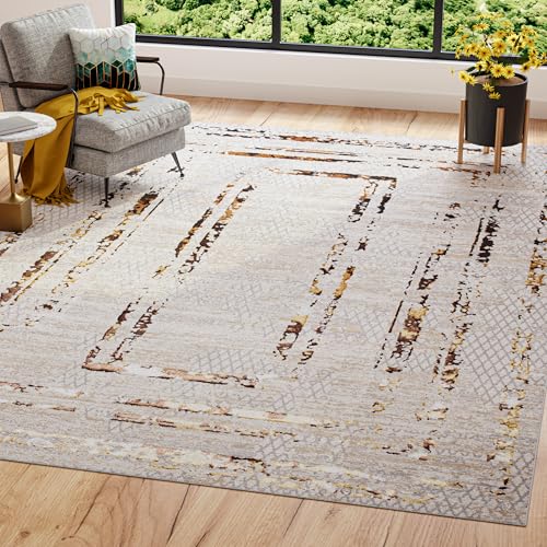 TAPISO Golden Teppich Kurzflor Wohnzimmer Schlafzimmer Luxuriös Creme Gold Rahmen Linien Meliert Verwischt Modern Design ÖKOTEX 120 x 170 cm von TAPISO