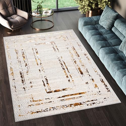 TAPISO Golden Teppich Kurzflor Wohnzimmer Schlafzimmer Luxuriös Creme Gold Rahmen Linien Meliert Verwischt Modern Design ÖKOTEX 80 x 150 cm von TAPISO