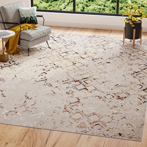 TAPISO Golden Teppich Kurzflor Wohnzimmer Schlafzimmer Luxuriös Creme Gold Raute Meliert Verwischt Modern Design ÖKOTEX 140 x 200 cm von TAPISO