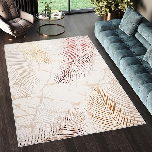 TAPISO Golden Teppich Kurzflor Wohnzimmer Schlafzimmer Luxuriös Creme Gold Rot Blätter Meliert Verwischt Modern Design ÖKOTEX 160 x 230 cm von TAPISO