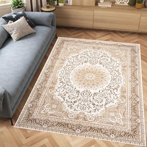 TAPISO Hera Teppich Kurzflor Glänzend Braun Creme Beige Traditionell Bordüre Ornament Floral Blumen 3D Effekt Wohnzimmer Schlafzimmer ÖKO-TEX 80 x 150 cm von TAPISO