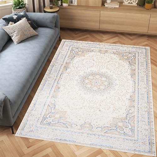 TAPISO Hera Teppich Kurzflor Glänzend Creme Beige Blau Traditionell Bordüre Ornament Floral Blumen 3D Effekt Wohnzimmer Schlafzimmer ÖKO-TEX 160 x 230 cm von TAPISO