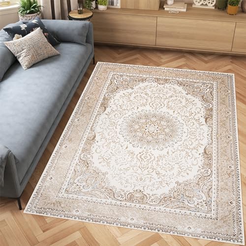 TAPISO Hera Teppich Kurzflor Glänzend Creme Beige Braun Traditionell Bordüre Ornament Floral Blumen 3D Effekt Wohnzimmer Schlafzimmer ÖKO-TEX 140 x 200 cm von TAPISO