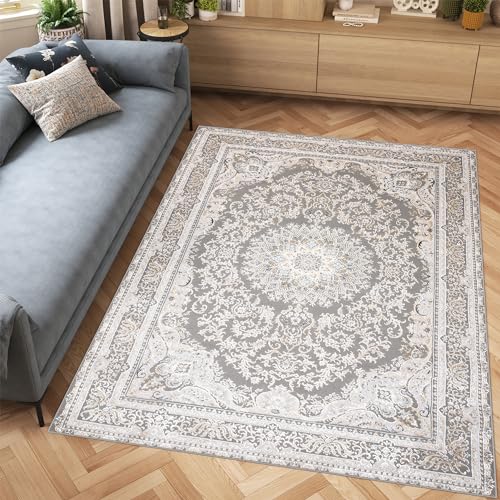 TAPISO Hera Teppich Kurzflor Glänzend Creme Beige Grau Traditionell Bordüre Ornament Floral Blumen 3D Effekt Wohnzimmer Schlafzimmer ÖKO-TEX 140 x 200 cm von TAPISO