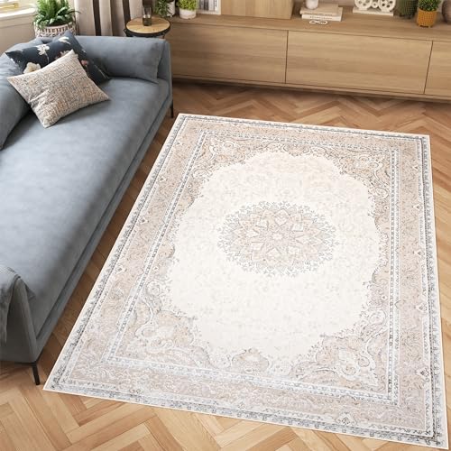 TAPISO Hera Teppich Kurzflor Glänzend Creme Beige Grau Traditionell Bordüre Ornament Floral Blumen 3D Effekt Wohnzimmer Schlafzimmer ÖKO-TEX 80 x 150 cm von TAPISO