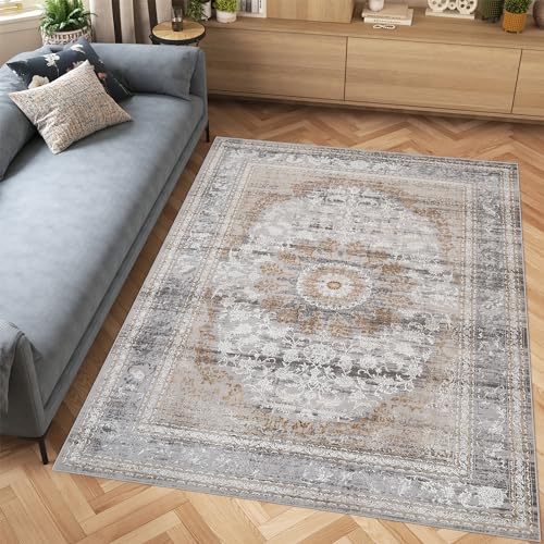 TAPISO Hera Teppich Kurzflor Glänzend Grau Creme Beige Rahmen Ornament Bordüre Meliert 3D Effekt Wohnzimmer Schlafzimmer Design ÖKO-TEX 80 x 150 cm von TAPISO