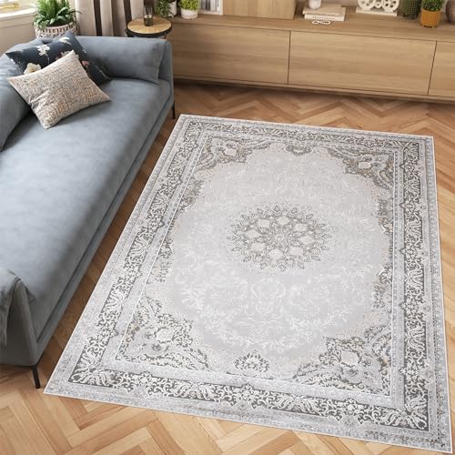 TAPISO Hera Teppich Kurzflor Glänzend Grau Creme Beige Traditionell Bordüre Ornament Floral Blumen 3D Effekt Wohnzimmer Schlafzimmer ÖKO-TEX 80 x 150 cm von TAPISO