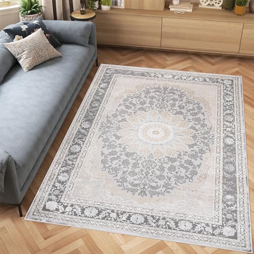 TAPISO Hera Teppich Kurzflor Glänzend Grau Creme Beige Traditioneller Teppich Rahmen Blumen Ornament Bordüre 3D Effekt Wohnzimmer Schlafzimmer Modern Design ÖKO-TEX 80 x 150 cm von TAPISO