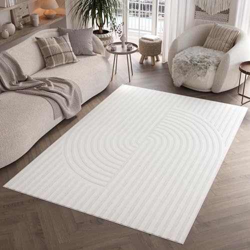 TAPISO Hygge Teppich Kurzflor Creme Weiß Streifen Halbkreis 3D Teppich Wohnzimmer Schlafzimmer ÖKOTEX 300 x 400 cm von TAPISO