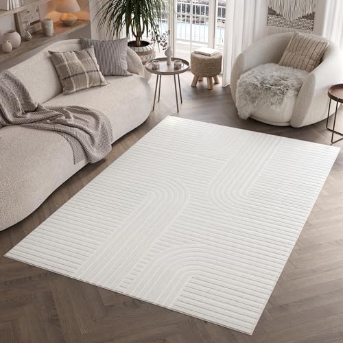TAPISO Hygge Teppich Kurzflor Creme Weiß Streifen Kreise 3D Teppich Wohnzimmer Schlafzimmer ÖKOTEX 80 x 150 cm von TAPISO