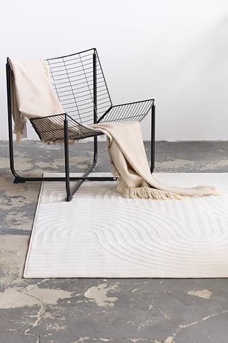 TAPISO Hygge Teppich Wohnzimmer Beige |Creme Weiß Streifen Kreise 3D Effekt Geometrisch Skandi Boho moderner Design | Kurzflor |Pflegeleicht | Schlafzimmer ÖKOTEX 120 x 120 cm von TAPISO